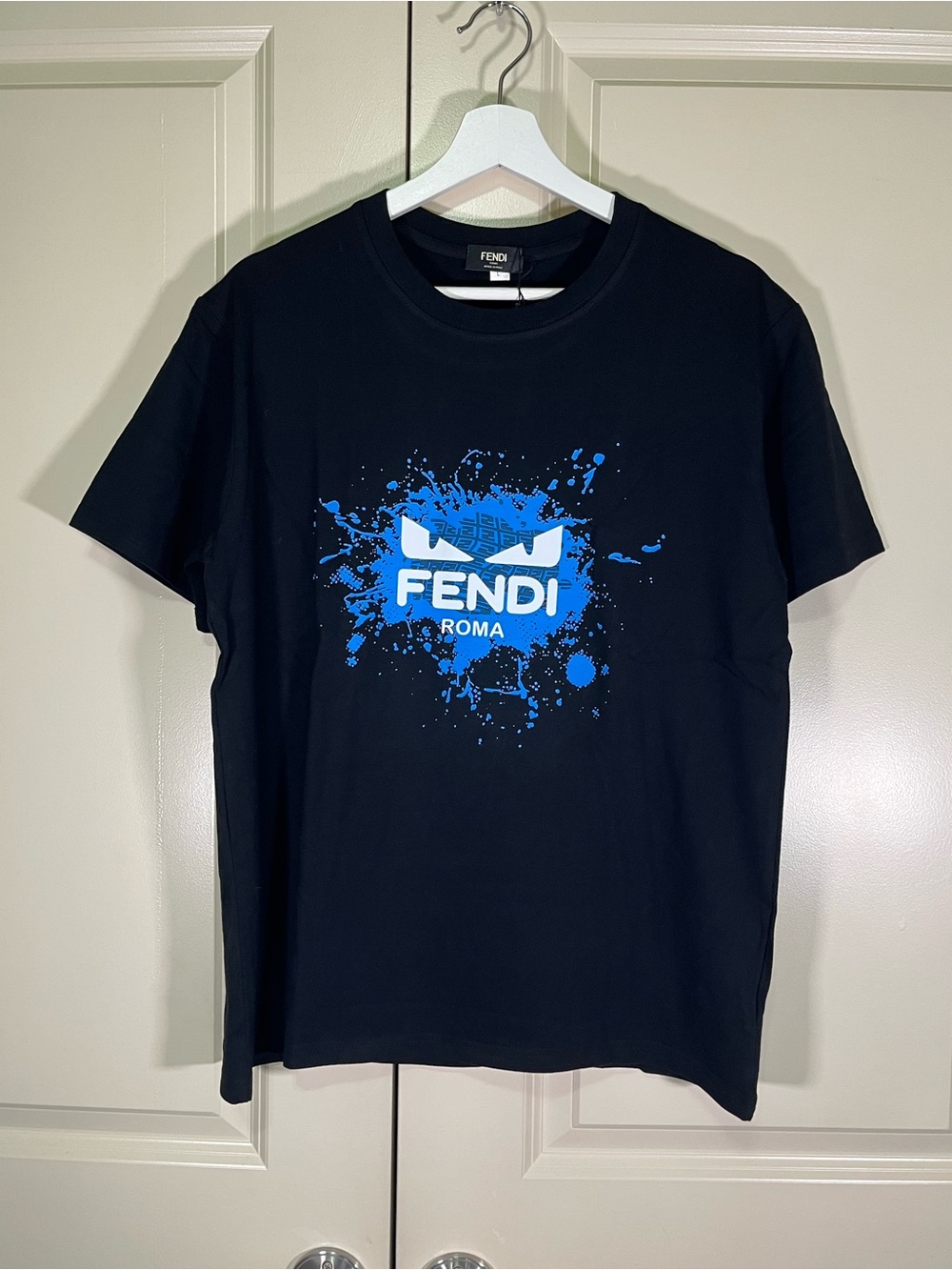 Fendi Navy Short-Sleeve Tee with Bright Blue Splash Logo